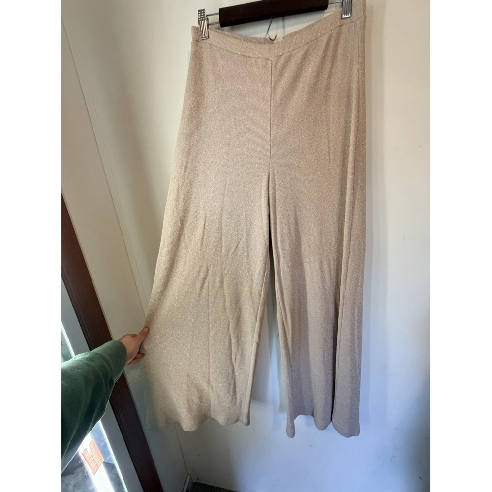 Anthro Feather Bone Gold Metallic Wide Leg Pants High Rise L Shimmer - Picture 3 of 7